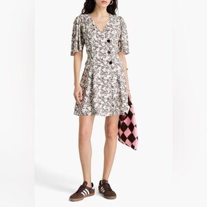 GANNI Gathered floral-print twill mini short sleeve wrap dress 34 USA 2 euc